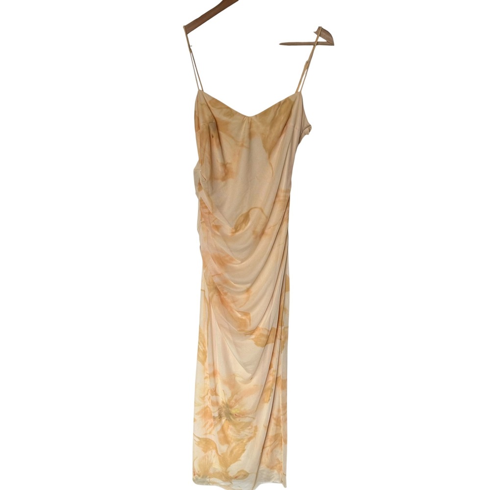 Zara Floral Mesh Midi Dress Womens Medium Yellow New Ruched Draped 2557/027/119